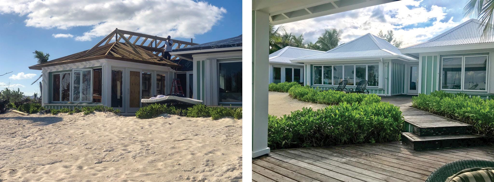 home damaged by hurricane before and after repair 