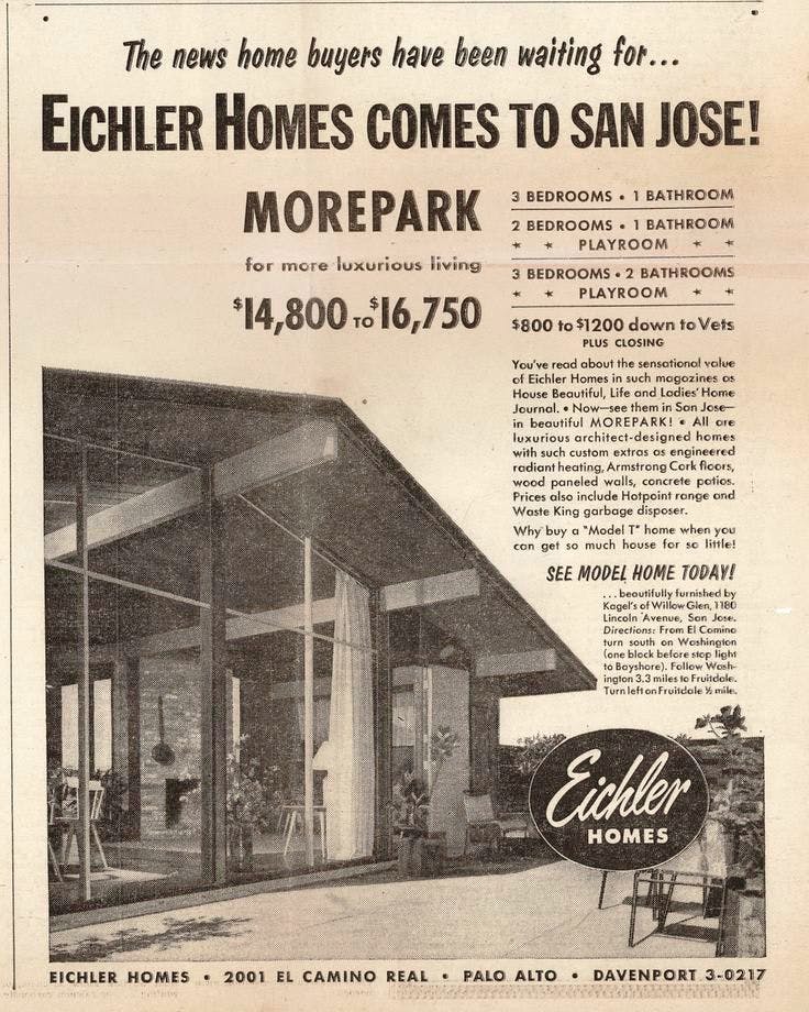 Eichler homes comes to San Jose Morepark original advertisement 