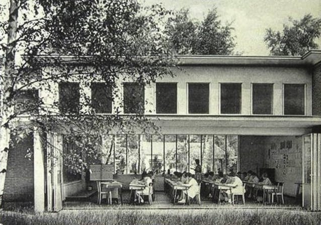 early open air classroom design from north europe during TB outbreak with folding glass wall 