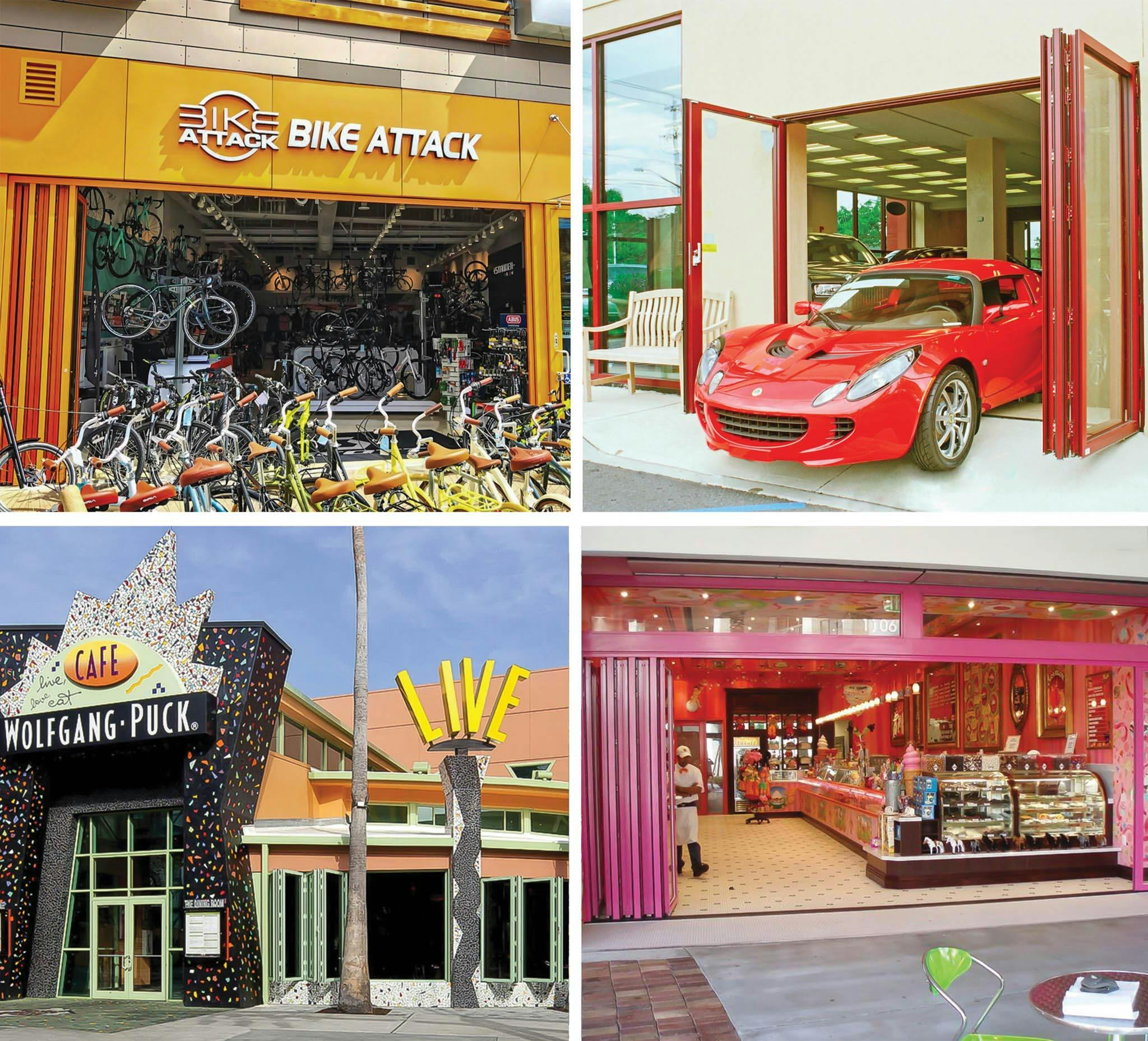 colorful commercial storefronts with powder coated aluminum framed opening glass walls