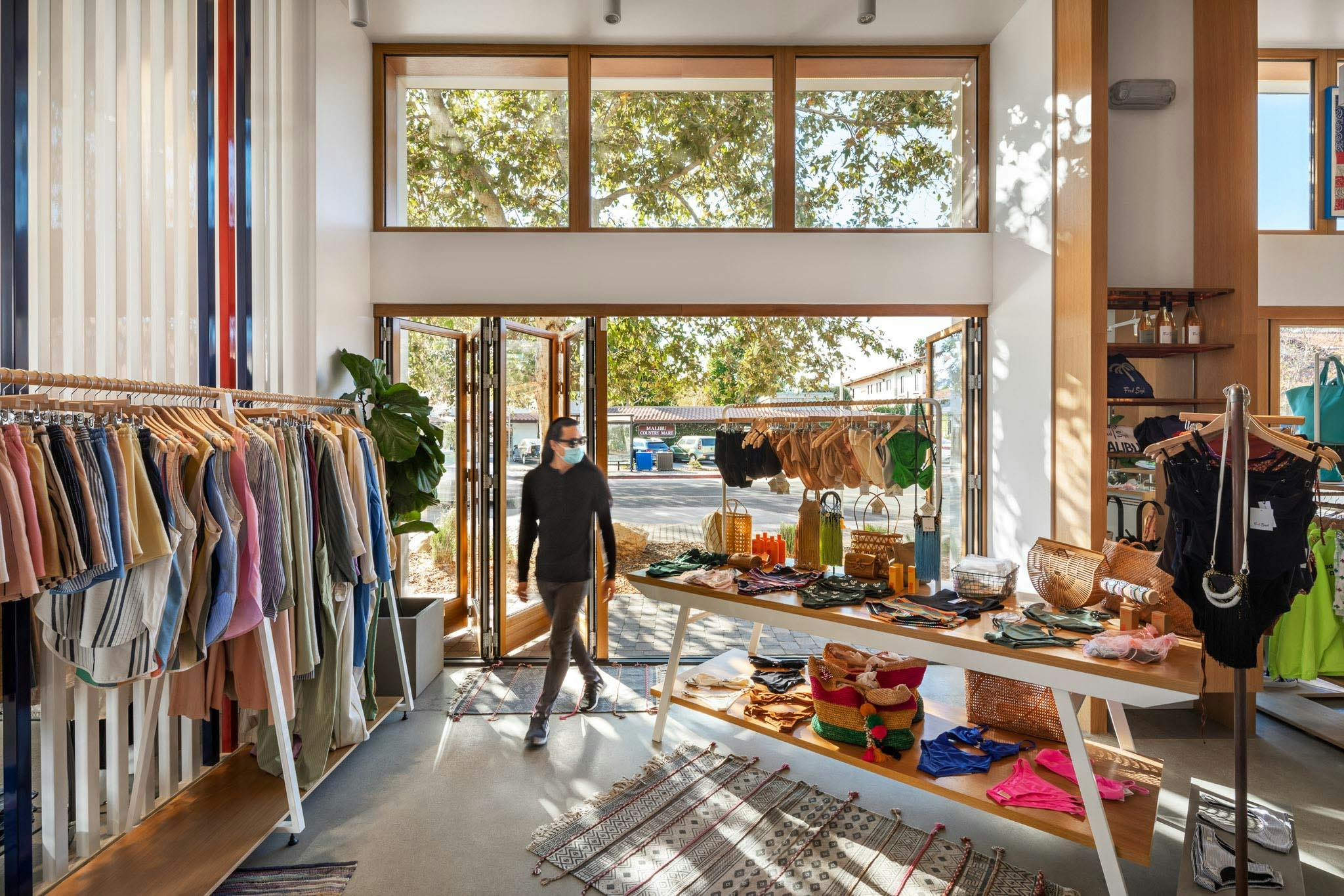 moveable glass storefront in wood