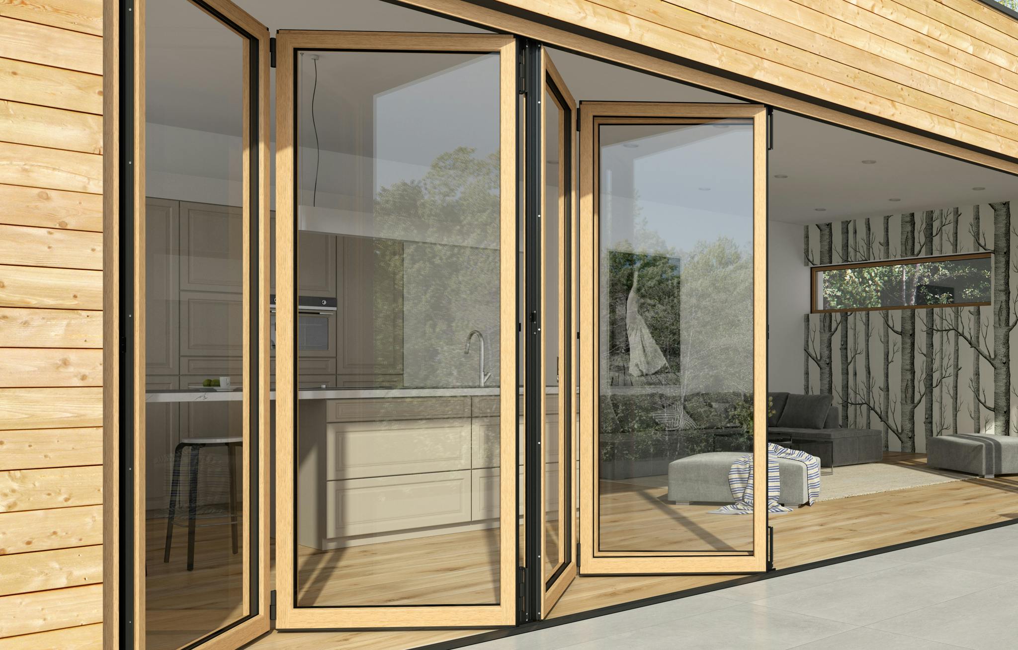 wood framed folding glass doors in modern homes