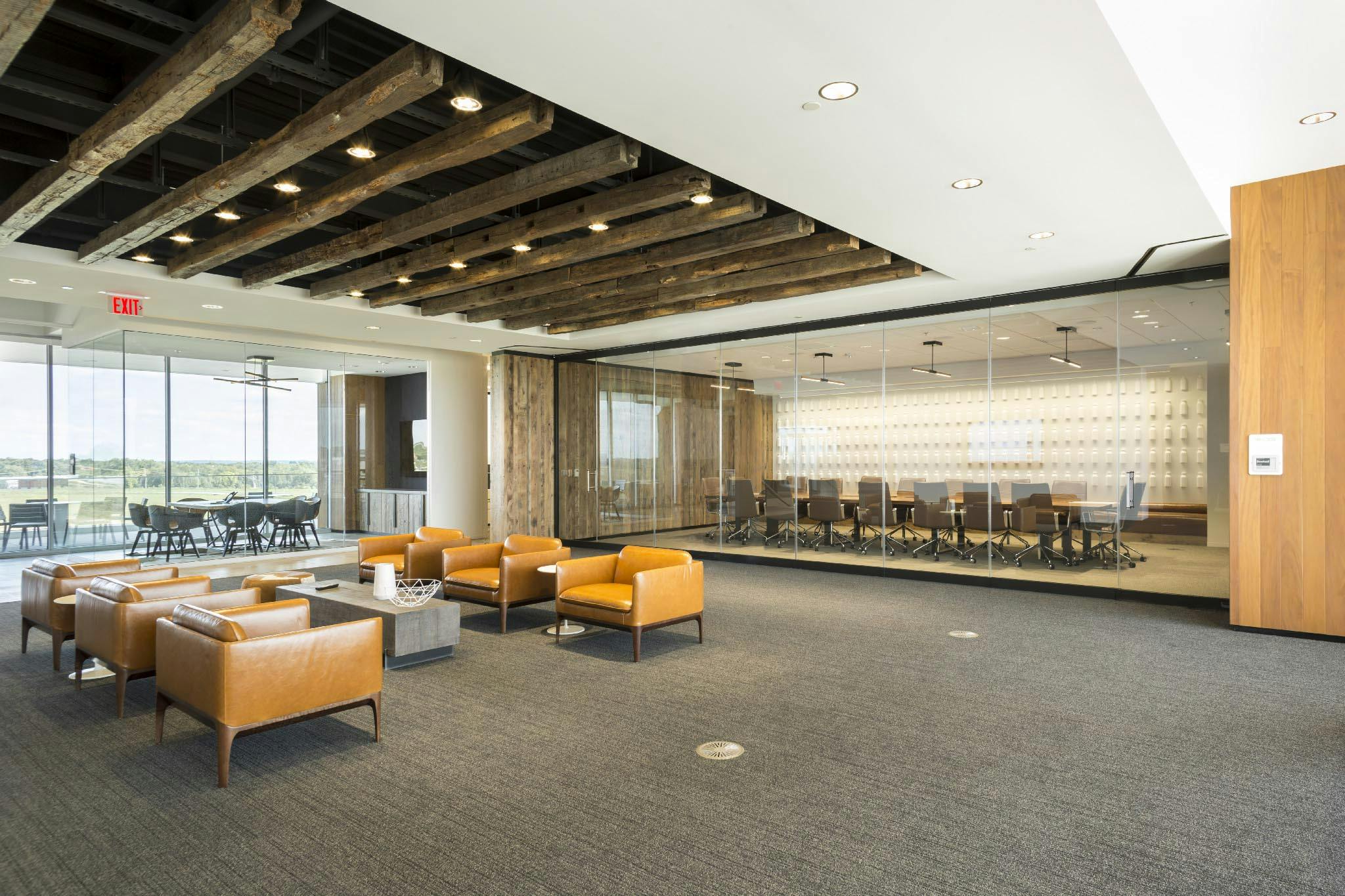 Sound control frameless glass walls in open office environment.