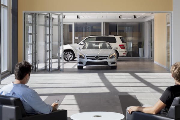 Mercedes showroom with interior moveable glass doors used for inventory rotation