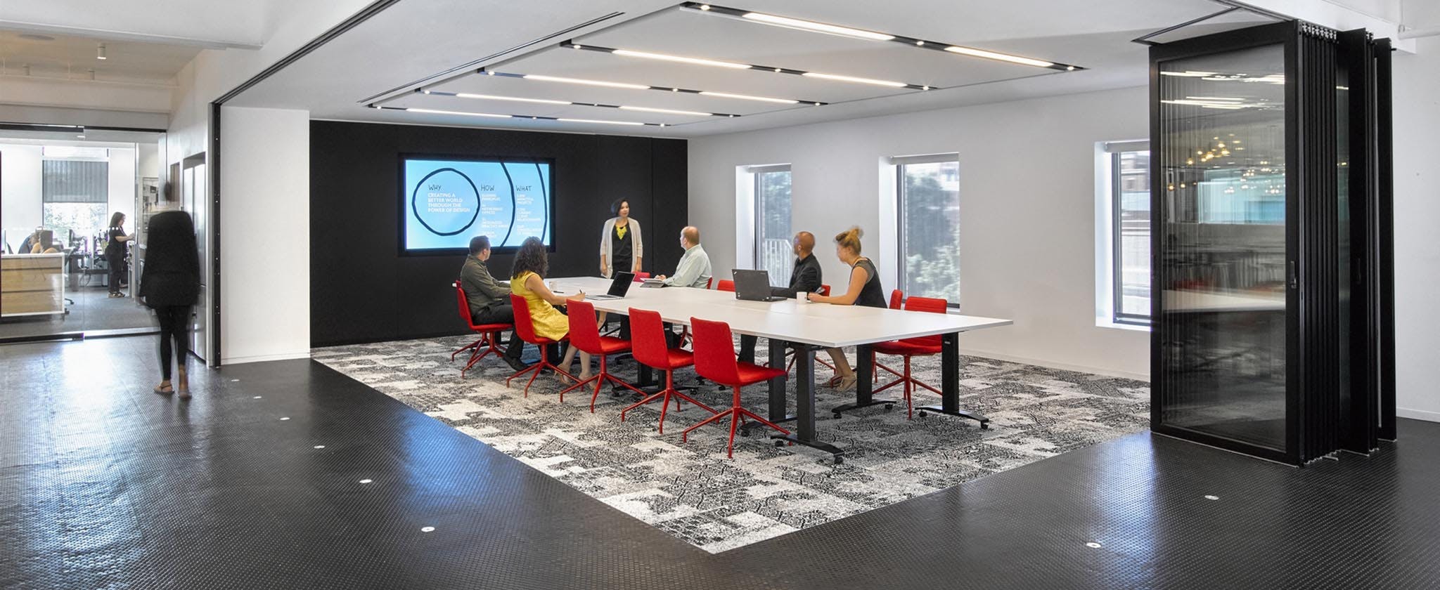 flexible conference room for office interiors with sliding interior glass wall